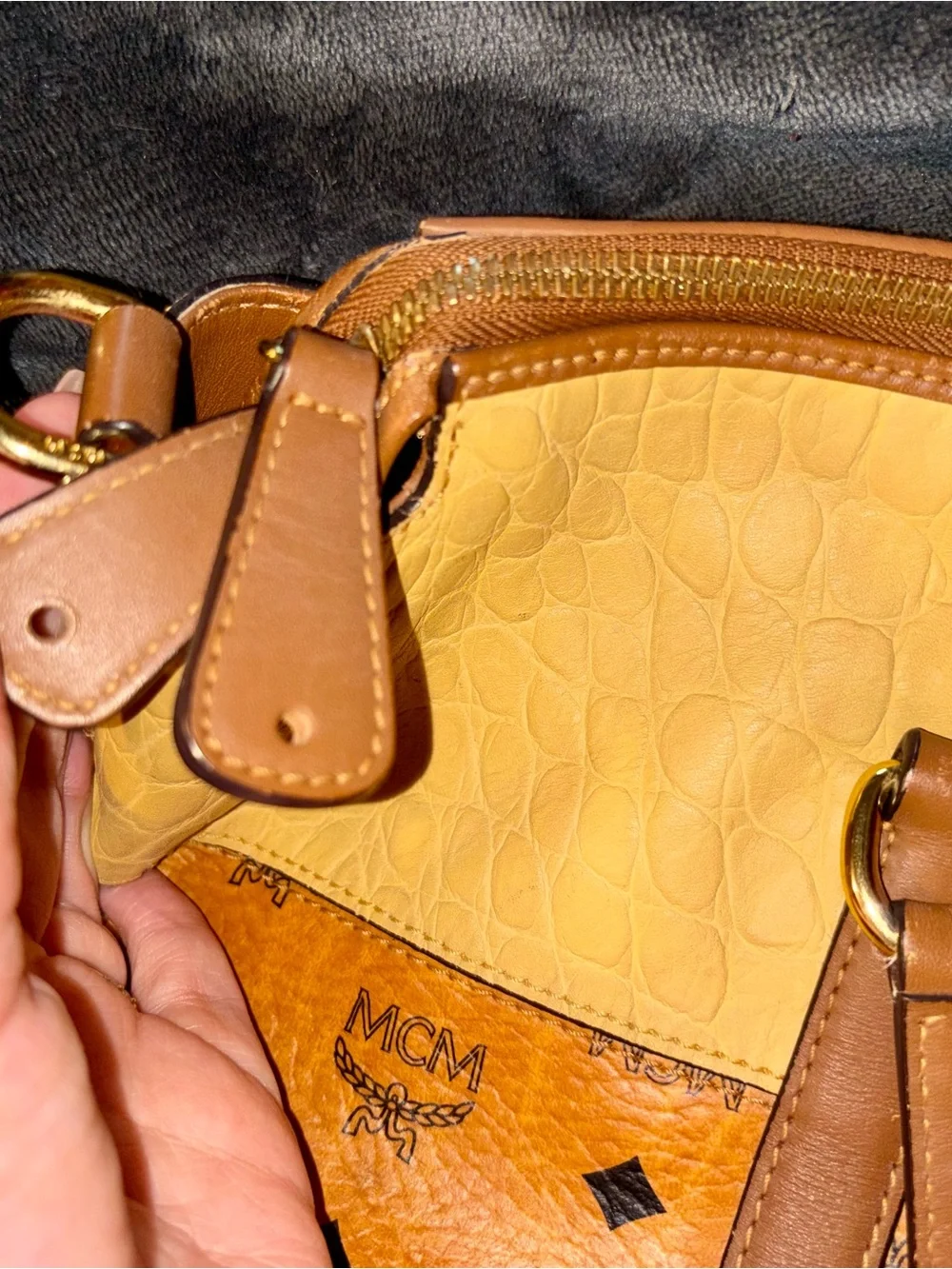MCM Two-Tone Cognac/Light Yellow Embossed Leather 2-way Tote Y2K